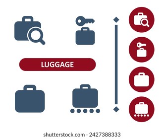 Luggage Icons. Baggage, Suitcase, Briefcase, Baggage Claim, Key, Inspection, Magnifier Icon. Professional, 32x32 pixel perfect vector icon.