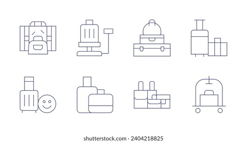 Luggage icons. Editable stroke. Containing travel, scale, suitcase, luggage, luggage cart.