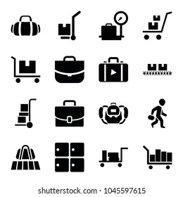 Luggage icons. set of 16 editable filled luggage icons such as lugagge weight, case, cargo on cart, sport bag, backpack, cart cargo