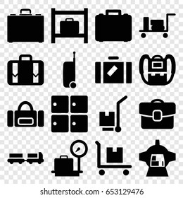 Luggage icons set. set of 16 luggage filled icons such as lugagge weight, backpack, cargo on cart, case, suitcase