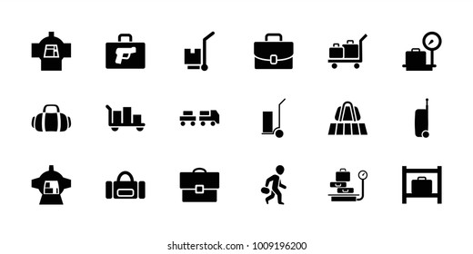 Luggage icons. set of 18 editable filled luggage icons: lugagge weight, cart cargo, sport bag, cargo on cart, suitcase, case, briefcase with weapon