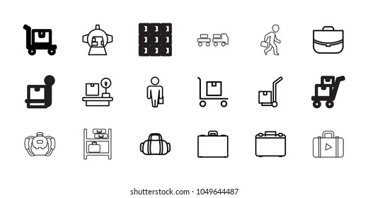 Luggage icons. set of 18 editable outline luggage icons: case, man with case, cargo on cart, lugagge weight, sport bag