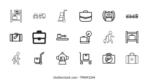 Luggage icons. set of 18 editable outline luggage icons: briefcase with weapon, lugagge weight, backpack, case, cargo on cart