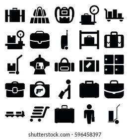 luggage icons set. Set of 25 luggage filled icons such as briefcase with weapon, lugagge weight, backpack, case, cart cargo, cargo on cart, suitcase