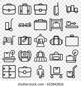 Luggage icons set. set of 25 luggage outline icons such as lugagge weight, backpack, cart cargo, cargo on cart, case, suitcase, sport bag