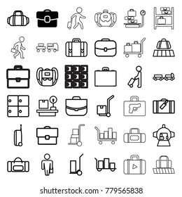 Luggage icons. set of 36 editable outline luggage icons such as case, backpack, cart cargo, sport bag, cargo on cart, lugagge weight