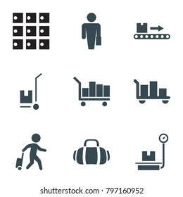 Luggage icons. set of 9 editable filled luggage icons such as man with case, sport bag, cargo on cart