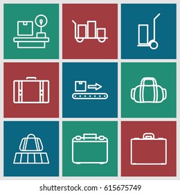 Luggage icons set. set of 9 luggage outline icons such as cart cargo, lugagge weight, case, suitcase