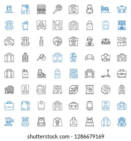 luggage icons set. Collection of luggage with backpack, paper bag, shopping bag, rucksack, hotel, briefcase, suitcase, travel, products, bus stop. Editable and scalable luggage icons.