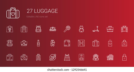 luggage icons set. Collection of luggage with backpack, hotel, paper bag, travel, suitcase, shopping bag, products, bag, rucksack, duty, product. Editable and scalable luggage icons.