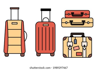Luggage icons set and collection. Backpack, handbag, suitcase, briefcase, messenger bag, trolley, travel bag. thin line icons. Editable stroke icon. Vector illustration