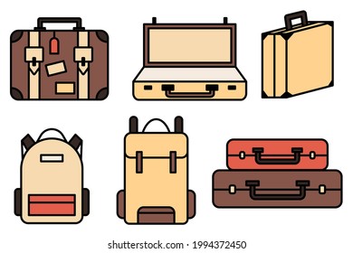 Luggage icons set and collection. Backpack, handbag, suitcase, briefcase, messenger bag, trolley, travel bag. thin line icons. Editable stroke icon. Vector illustration