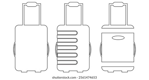 Luggage icons set and collection. Backpack, handbag, suitcase, briefcase, messenger bag, trolley, travel bag. thin line icons. Editable stroke icon. Vector illustration 