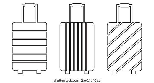 Luggage icons set and collection. Backpack, handbag, suitcase, briefcase, messenger bag, trolley, travel bag. thin line icons. Editable stroke icon. Vector illustration 