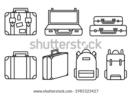 Luggage icons set and collection. Backpack, handbag, suitcase, briefcase, messenger bag, trolley, travel bag. thin line icons. Editable stroke icon. Vector illustration