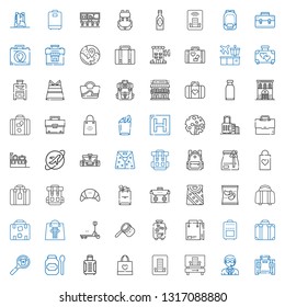 luggage icons set. Collection of luggage with briefcase, doorman, hotel, shopping bag, suitcase, products, product, bag, duty, tote bag, rucksack. Editable and scalable luggage icons.