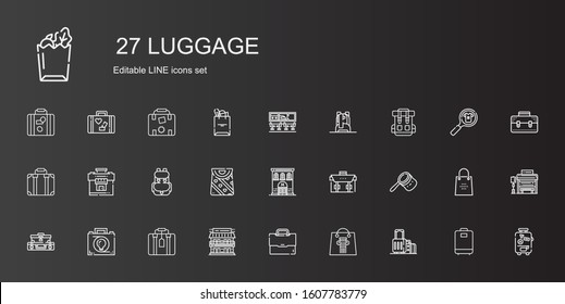 luggage icons set. Collection of luggage with suitcase, shopping bag, briefcase, motel, bag, hotel, backpack, rucksack, airport, bus stop. Editable and scalable luggage icons.