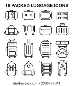 Luggage icons set. Simple black and white line symbols of different types of pucked baggage. Plastic suitcase, fabric backpack and bag. Modern tourism and transportation idea. Flat vector illustration