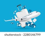 Luggage ,inflatable ball ,lifebuoy, passport book ,umbrella ,goggles They were all floating in air and there is plane take off in front ,vector 3d isolated on blue background for travel summer season