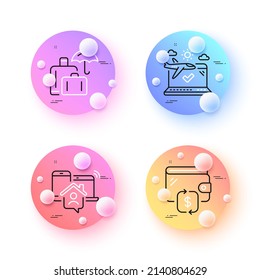 Luggage insurance, Airplane travel and Wallet minimal line icons. 3d spheres or balls buttons. Work home icons. For web, application, printing. Baggage secure, Check in, Transfer currency. Vector