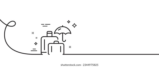 Luggage insurance line icon. Continuous one line with curl. Suitcase bag sign. Baggage protect symbol. Luggage insurance single outline ribbon. Loop curve pattern. Vector