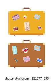 Luggage journey time to travel isolated icons vector. Baggage with stickers of Eiffel tower, Taj Mahal and Roman Colosseum. Berlin and Germany sights