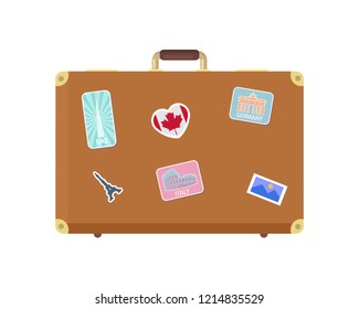 Luggage journey for traveler with bag isolated icon vector. Valise decorated with stickers of Canada flag, Eiffel tower and German Berlin landmark