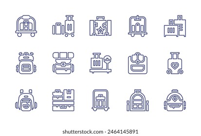 Luggage line icon set. Editable stroke. Vector illustration. Containing luggagecart, luggagescale, luggage, hotelcart, backpack, suitcase.