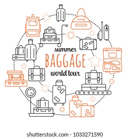 Luggage line icon set. Vector illustration of thin line icons for travel Icons, baggage, suitcase and luggage. Linear and color symbols set. Symbol for websites and print media. Editable stroke.