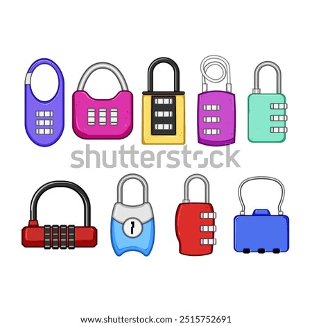 luggage lock set cartoon. travel suitcase, protection combination, pad keyless luggage lock sign. isolated symbol vector illustration