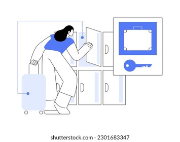 Luggage lockers abstract concept vector illustration. Woman using special lockers for baggage, urban transportation services, public transport, suitcase protection and safety abstract metaphor.