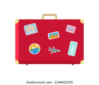Luggage for long traveling and journey isolated icon vector. Valise with stickers of aircraft and Berlin gates. Egypt and Roman landmarks in pics