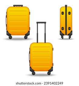 Luggage objects set yellow hard suitcases on wheels side and front view, 3d realistic vector baggage accessories isolated on white background.