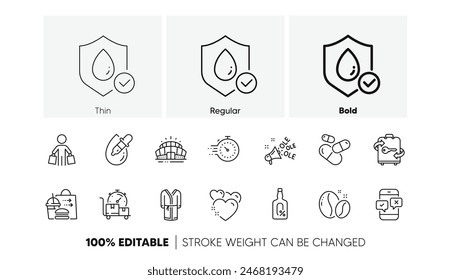 Luggage, Ole chant and Heart line icons. Pack of Capsule pill, Waterproof, Food delivery icon. Arena stadium, Alcohol free, Eye drops pictogram. Coffee beans, Phone survey, Fast delivery. Vector