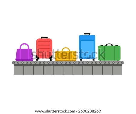 Luggage on conveyor belt vector illustration showing various travel bags and suitcases moving at the airport baggage claim area.