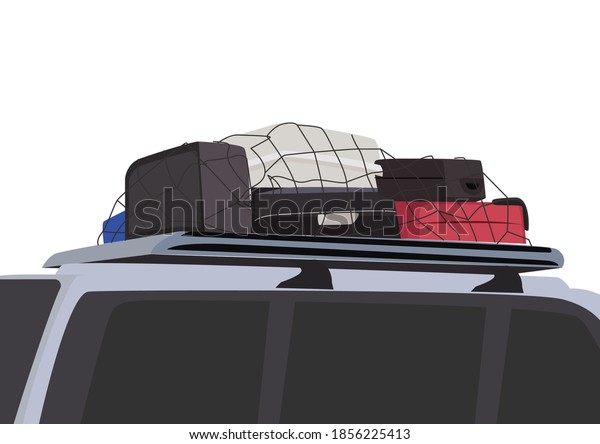 Luggage on roof rack of SUV.\
Travel, luggage, rack, Mini bus, adventure. Vector flat\
illustration