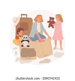 Luggage packing isolated cartoon vector illustration. Fun packing, family packs bags for vacation, clothes scattered in the room, children put toys in big luggage, family travel cartoon vector.