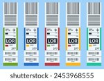 Luggage paper tags with barcode. Baggage information and identification tape mockup. Travel transportation bar code. Airport luggage barcode sticker. Sticky baggage label, hand luggage tag template.