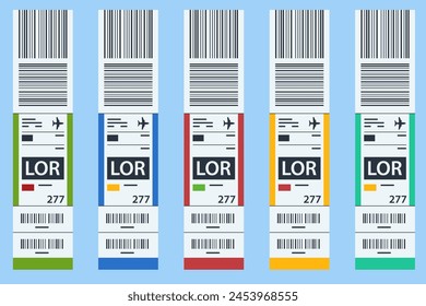 Luggage paper tags with barcode. Baggage information and identification tape mockup. Travel transportation bar code. Airport luggage barcode sticker. Sticky baggage label, hand luggage tag template.