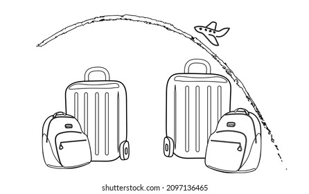 Equipaje. el avión está volando en el cielo . ilustración vectorial. aislado en un fondo blanco