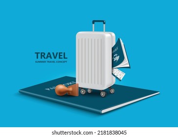 Luggage with plane tickets and passports sticking out of bag and immigration police rubber stamps are placed on large passports,vector 3d isplated on blue background for summer travel concept design