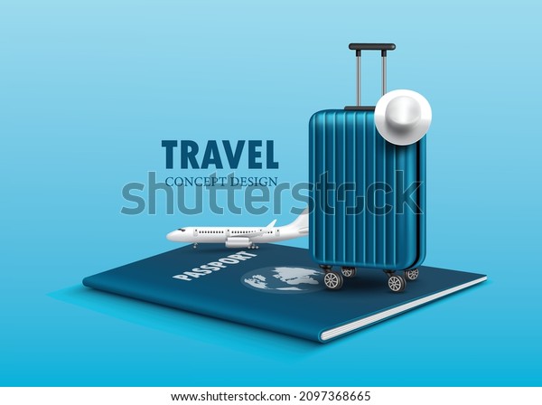 luggage and\
planes placed on the passport for making advertising media about\
tourism and all object on blue background,vector 3d virtual for\
travel and transport concept\
design