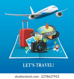 luggage and planes placed on the world map for making advertising media about tourism and all object on blue background, vector 3d virtual for travel and transport concept design