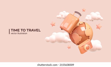 Luggage, planet and photo camera with clouds and stars around. Travel creative concept in Realistic 3d cartoon minimal style. Vector illustration