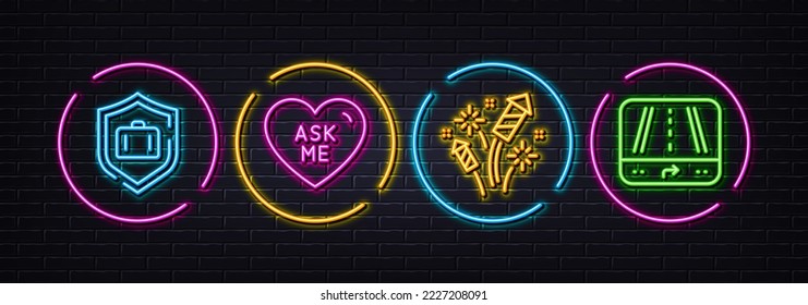 Luggage protect, Ask me and Fireworks rocket minimal line icons. Neon laser 3d lights. Gps icons. For web, application, printing. Baggage defense, Love sweetheart, Pyrotechnic salute. Vector