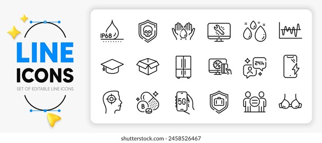 Luggage protect, Stock analysis and Waterproof line icons set for app include Graduation cap, Boron mineral, 5g internet outline thin icon. Monitor repair, Online shopping. Vector