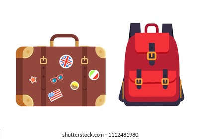 Luggage and red rucksack having pockets straps, baggage decorated with stickers of countries flags, pyramids of Egypt, isolated on vector illustration