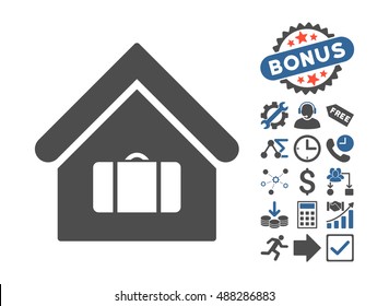 Luggage Room pictograph with bonus pictogram. Vector illustration style is flat iconic bicolor symbols, cobalt and gray colors, white background.