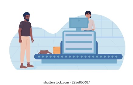 Luggage scanning 2D vector isolated illustration. Airline baggage handler and passenger in airport flat characters on cartoon background. Colorful editable scene for mobile, website, presentation