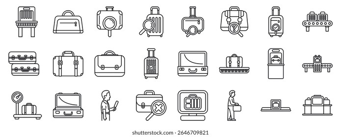 Luggage screening icons set. Airport security and baggage handling icons showing various stages of luggage processing, from check in to screening and baggage claim